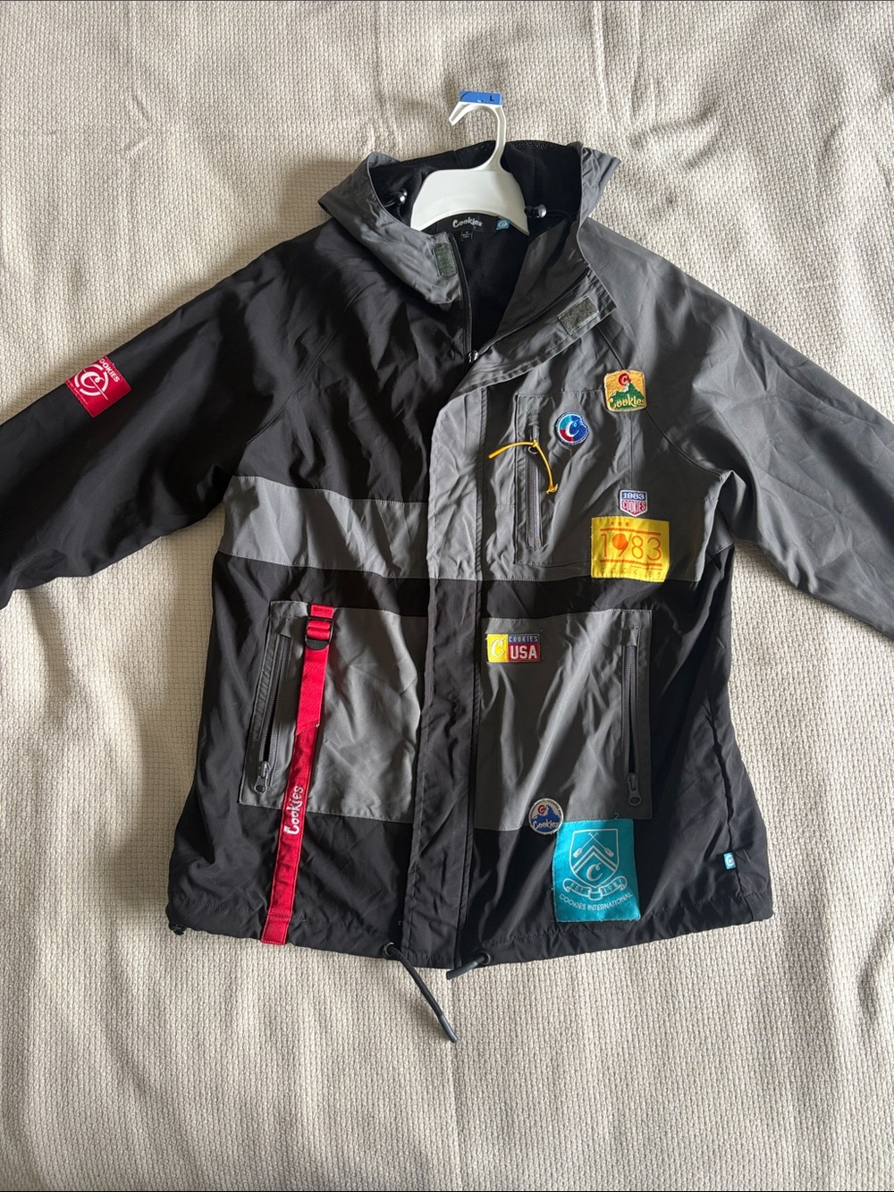 Columbia Kids Black & Gray Hooded Patch Rain Jacket with Red Trim